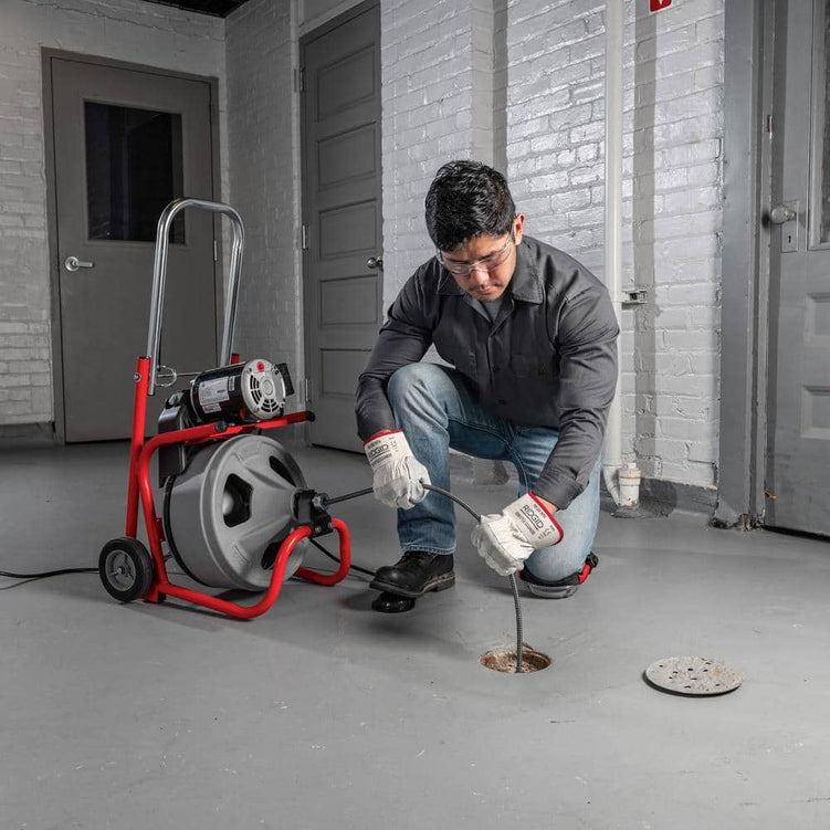 K-400 Drain Cleaning Snake Auger 120-Volt Drum Machine with C-32IW 3/8 in. x 75 ft. Cable + 4-Piece Tool Set & Gloves 52363