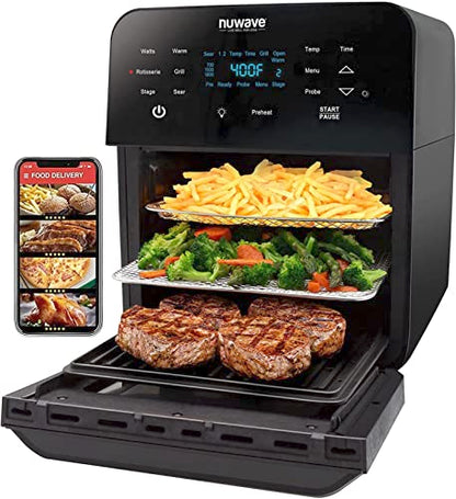 Nuwave Brio Air Fryer Oven, 15.5Qt X Large Family Size, SS Rotisserie Basket &amp;Skewer Kit, Reversible Ultra Non Stick Grill/Griddle Plate, Powerful 1800W, Integrated Smart Thermometer,Black : Home &amp; Kitchen