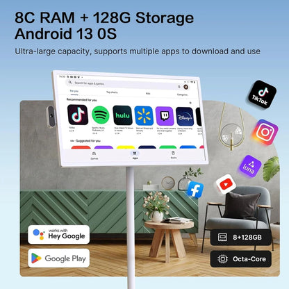 32-Inch Portable TV, 1080P FHD Rolling TV on Wheels with Rotatable Touch Screen, Android 13 OS, 8G RAM+128G Storage, Built-in Battery, Full Swivel Rotation, Voice Remote