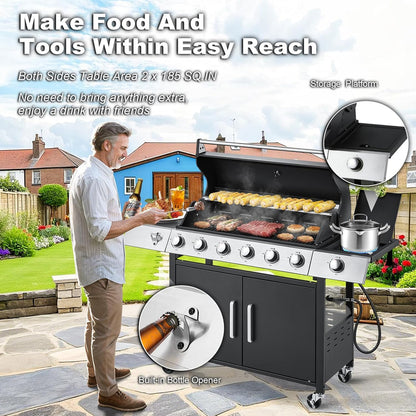 Upgraded 4 Burner BBQ Propane Gas Grill with Cast Iron Grates & Side Stove, 44,000 BTU Stainless Steel Burner Barbecue Grill for Patio, Camping, Outdoor Cooking.
