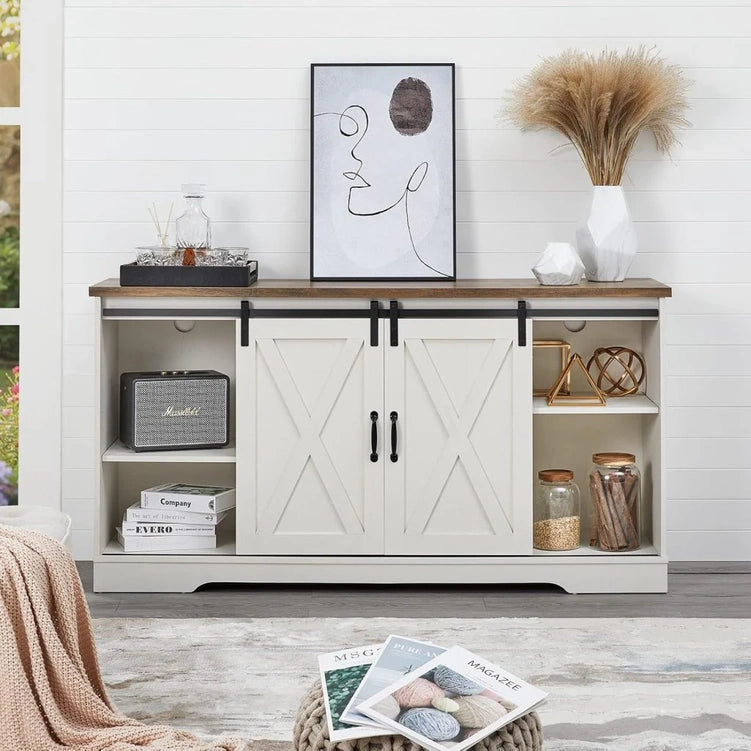 AMERLIFE Fireplace TV Stand with Sliding Barn Door for TVs up to 73", Farmhouse 63" Fireplace Entertainment Center with Storage Cabinets/Adjustable Shelves