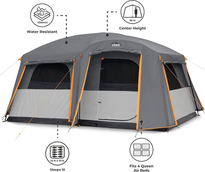 Straight Wall Cabin Tents | 10 Person / 11 Person / 12 Person Large Multi Room Family Tents for Car Camping & Outdoor Adventures