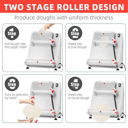 Commercial Pizza Dough Roller Sheeter, Max 16, Automatic 370W Electric Pizza Dough Roller, Stainless Steel, Suitable for Noodle, Pizza Bread and Pasta Maker Equipment