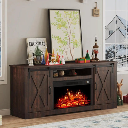 AMERLIFE Fireplace TV Stand with Sliding Barn Door for TVs up to 73", Farmhouse 63" Fireplace Entertainment Center with Storage Cabinets/Adjustable Shelves