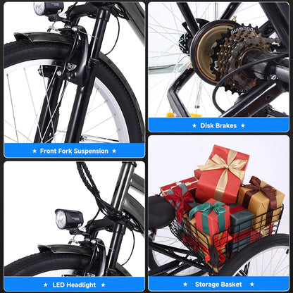 26 Inch Adult 3 Wheel Electric Tricycle with Basket, Fat Tires,7 Speeds,350W Powerful Motor, 36V 10Ah Removable Battery Dark Gray