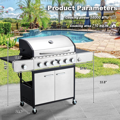 Upgraded 4 Burner BBQ Propane Gas Grill with Cast Iron Grates & Side Stove, 44,000 BTU Stainless Steel Burner Barbecue Grill for Patio, Camping, Outdoor Cooking.