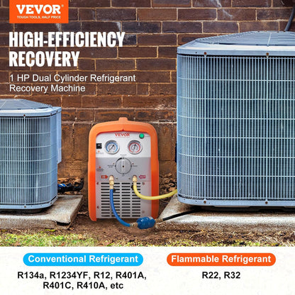 1 HP Refrigerant Recovery Machine - Dual Cylinder Portable AC Recovery Machine with High Pressure Protection 120V 60Hz Recovery Machine HVAC for Vapor Liquid Refrigerant, Car Air Conditioning