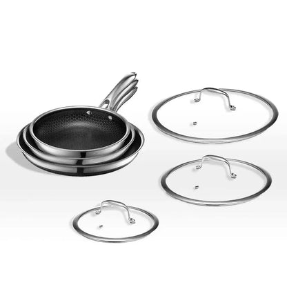 HexClad 6 Piece Hybrid Stainless Steel Cookware Pan Set 8 inch, 10 inch, 12 inch with Glass Lids, Size: One size, Black