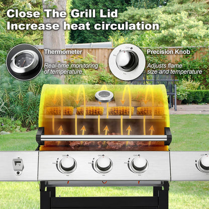 Upgraded 4 Burner BBQ Propane Gas Grill with Cast Iron Grates & Side Stove, 44,000 BTU Stainless Steel Burner Barbecue Grill for Patio, Camping, Outdoor Cooking.