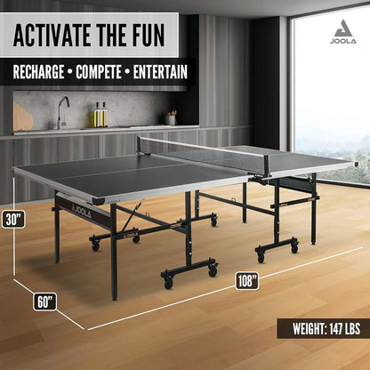JOOLA Inside Professional MDF Indoor Ping Pong Table with Quick Clamp Table Tennis Net and Post Set - 10 Minute Easy Assembly - Tournament Quality - Foldable with Single Player Playback Mode