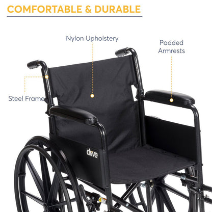 Drive Medical Silver Sport 1 Wheelchair, Full Arms, Swing Away Footrest, Lightweight Steel Frame