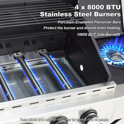 Upgraded 4 Burner BBQ Propane Gas Grill with Cast Iron Grates & Side Stove, 44,000 BTU Stainless Steel Burner Barbecue Grill for Patio, Camping, Outdoor Cooking.