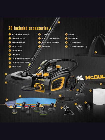 McCulloch MC1375 Canister Steam Cleaner with 20 Accessories, Extra Long Power Cord, Chemical Free Cleaning for Most Floors, Counters, Appliances, Windows, Autos, and More, 1 (Pack), Black