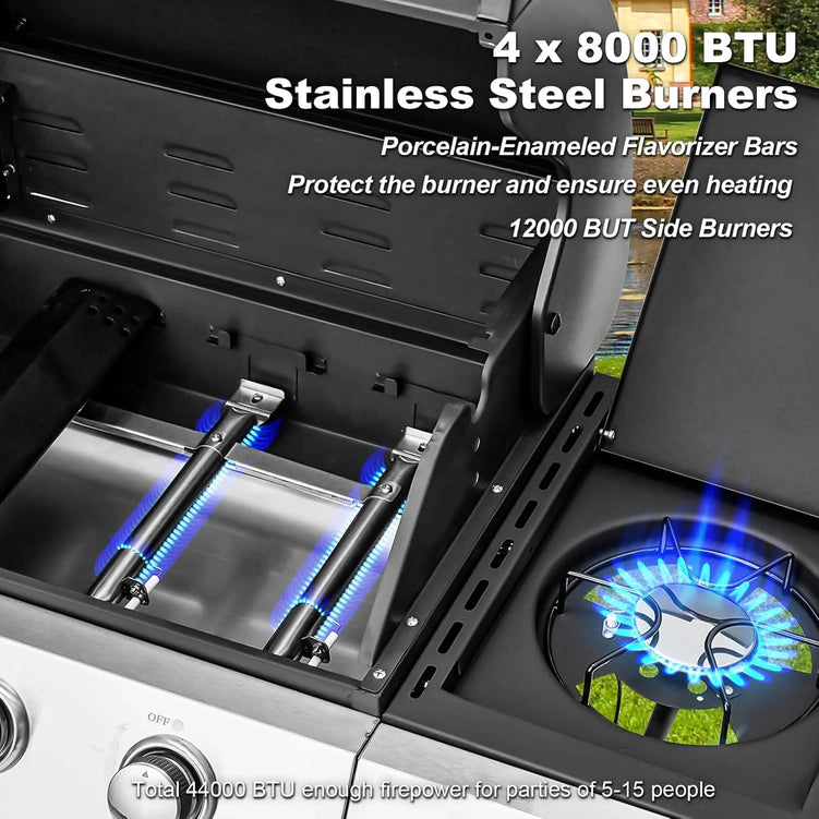 Upgraded 4 Burner BBQ Propane Gas Grill with Cast Iron Grates & Side Stove, 44,000 BTU Stainless Steel Burner Barbecue Grill for Patio, Camping, Outdoor Cooking.