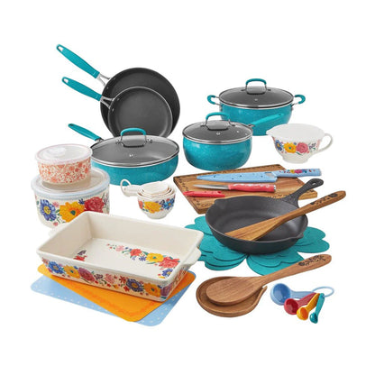 The Pioneer Woman Brilliant Blooms 38-Piece Cookware Set, Teal 锟斤拷 Complete Kitchen Solution with Floral Design