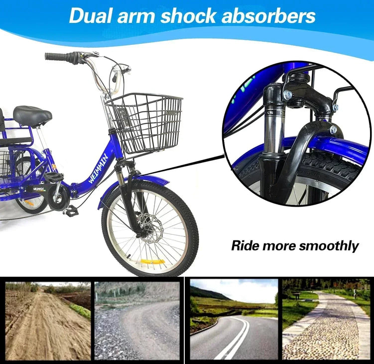 Tricycle 7 Speed, 20 inch 3 Wheel Bikes Folding Tricycle for Adults Star Strip Blue