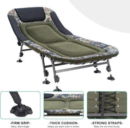 Camping Cots for Adults 330Lbs with Carry Bag, Heavy Duty Folding Bed with Soft Padded Cushion, Portable Military Cot for Hunting, 180 Adjustable Reclining Outdoor Lounger