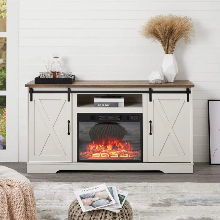 AMERLIFE Fireplace TV Stand with Sliding Barn Door for TVs up to 73", Farmhouse 63" Fireplace Entertainment Center with Storage Cabinets/Adjustable Shelves
