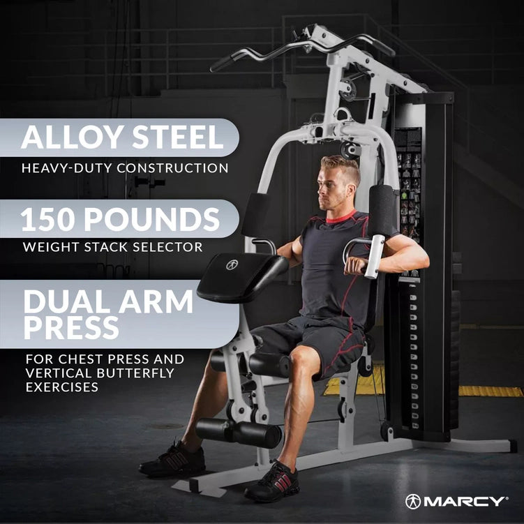 Marcy 150 Pound Stack Home Gym, Dual Function Arm Press &amp; Leg Developer, Full Body Workout, Black/White