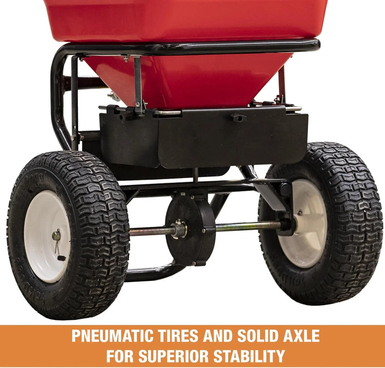 Walk Behind Push Spreader, 100lb Capacity, For Salt, Ice & Snow Melt, Included Grate & Cover With Enclosed Gearbox for Protection.