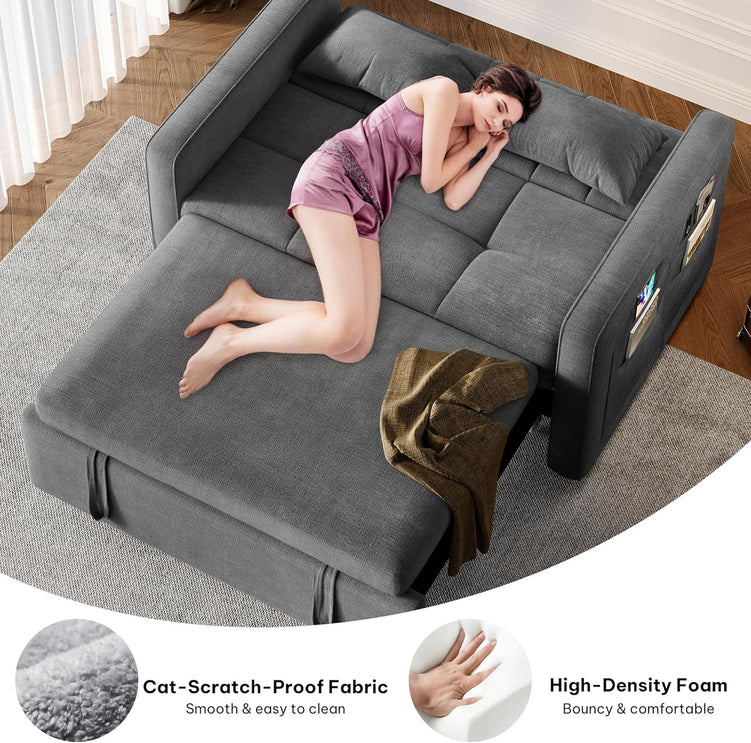 DWVO 3-in-1 Convertible Sofa Bed, 55" Sleeper Sofa with Pull-Out Bed, Cat-Scratch-Proof Fabric Futon Couch with Adjustable Backrest and Side Pocket, Loveseat for Living Room Apartment, Grey
