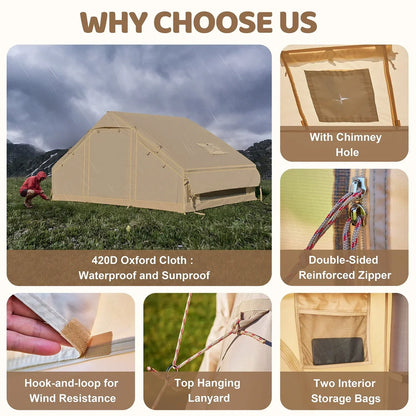 6 Person Inflatable Camping Tent with Pump, 10ft x7ft Glamping Family Tent Easy Setup 4 Season Waterproof Windproof Outdoor Blow Up Tent Luxury Oxford Cabin with Mesh Windows & Doors sgtnighsdesigns