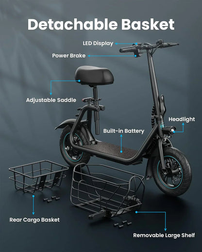 Gyroor Adult Electric Scooter with Large Center Basket 20 Mile Range Foldable and Seat