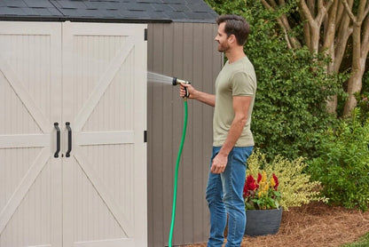 Rubbermaid Resin Outdoor Storage Shed With Floor (7 x 7 Ft) Weather Resistant Gray Organization for Home/Backyard/Garden Tools/Lawn Mower/Bike Storage/Pool Supplies
