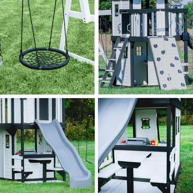Backyard Discovery Canyon Creek Cedar Wood Swing Set with Wave Slide, Clubhouse, Play Kitchen, Picnic Area, Belt Swings, Web Swing, Rock Wall, Balconies, Playhouse, Step Ladder, Outdoor Playset