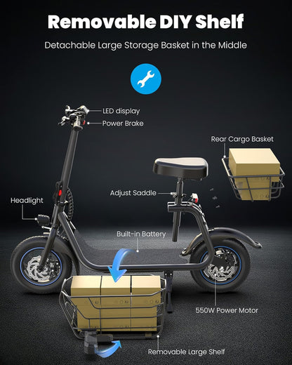 Gyroor Adult Electric Scooter with Large Center Basket 20 Mile Range Foldable and Seat