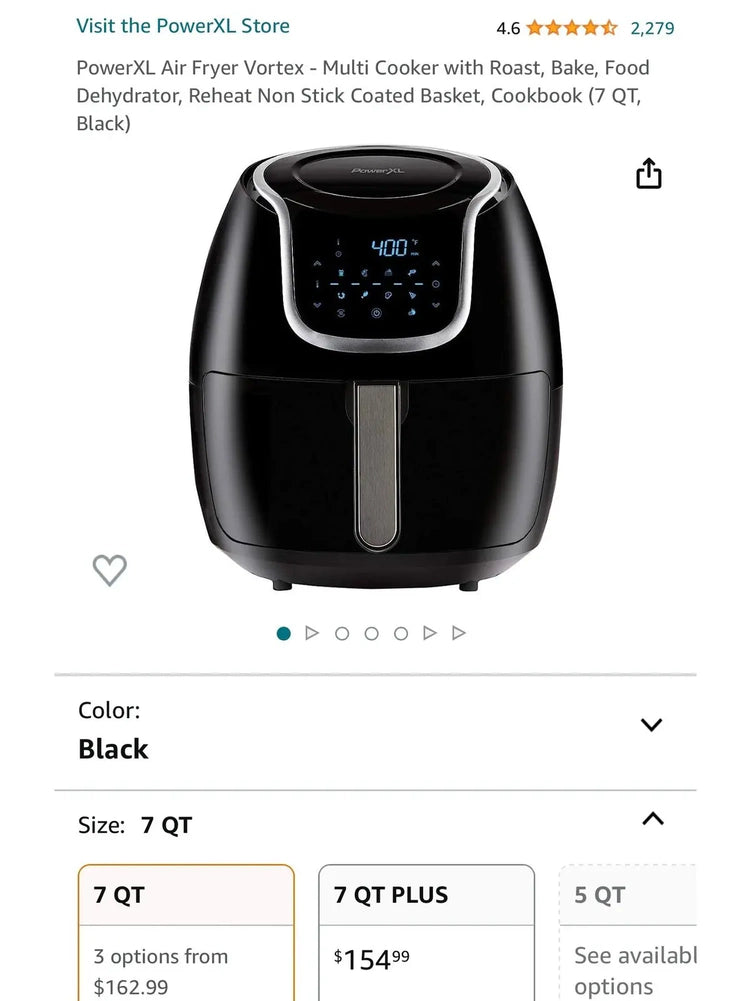 PowerXL Air Fryer Vortex Multi-Cooker, Roast/Bake/Dehydrate/Reheat, Non-Stick Basket, Includes Cookbook