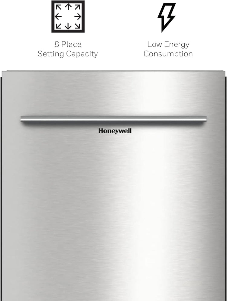 Honeywell 18 Inch Dishwasher with 8 Place settings, 6 Washing Programs, Stainless Steel Tub, UL/Energy Star  Stainless Steel