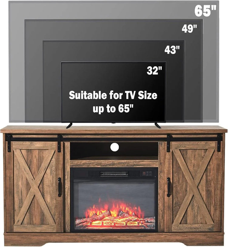 AMERLIFE Fireplace TV Stand with Sliding Barn Door for TVs up to 73", Farmhouse 63" Fireplace Entertainment Center with Storage Cabinets/Adjustable Shelves