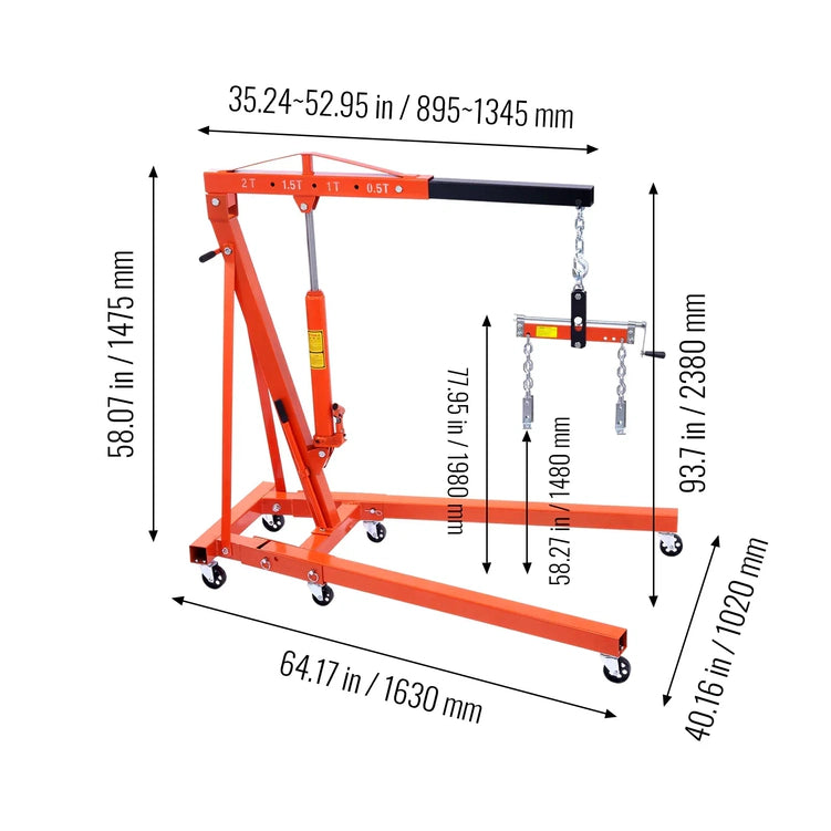 2T Folding Engine Hoist with Leveler, 4400 lbs Capacity, Heavy-Duty Hydraulic Cherry Picker Crane