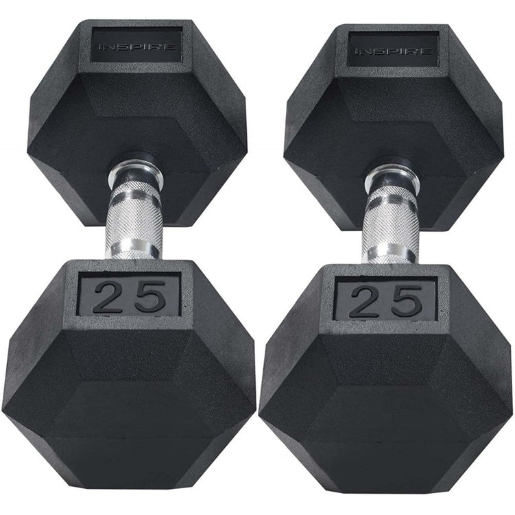 Inspire Fitness 210 lb. (5-30 lb.) Rubber Dumbbell Set with 6 pair Vertical Rack