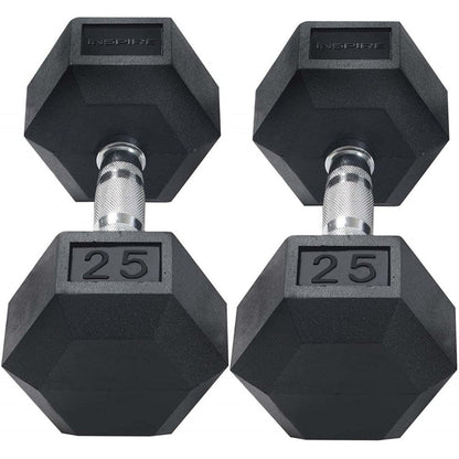 Inspire Fitness 210 lb. (5-30 lb.) Rubber Dumbbell Set with 6 pair Vertical Rack