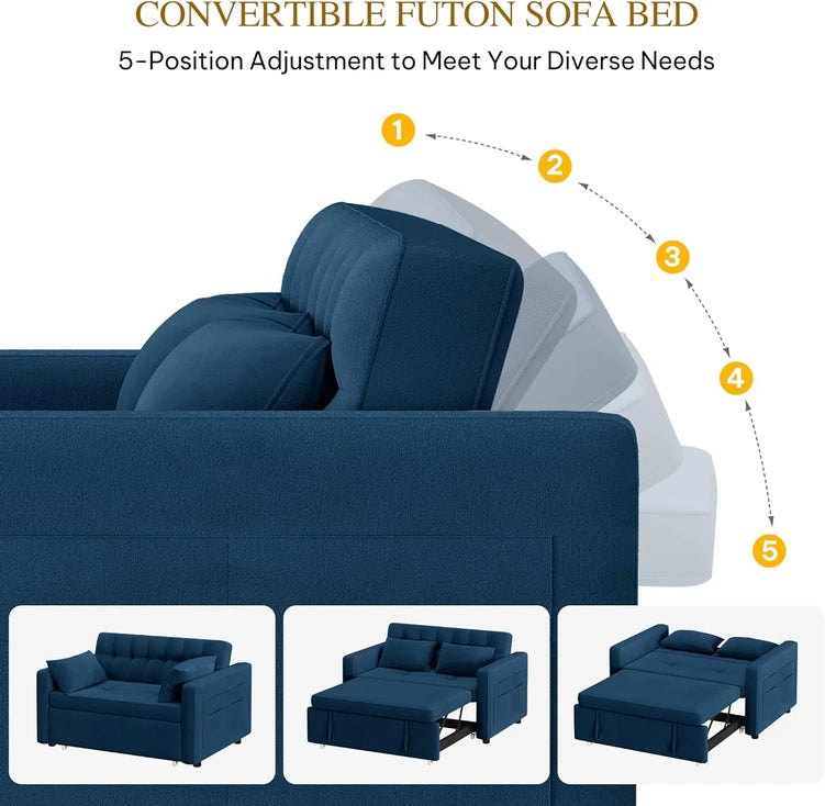 DWVO 3-in-1 Convertible Sofa Bed, 55" Sleeper Sofa with Pull-Out Bed, Cat-Scratch-Proof Fabric Futon Couch with Adjustable Backrest and Side Pocket, Loveseat for Living Room Apartment, Grey