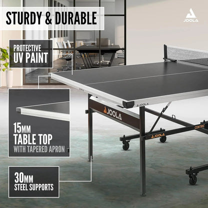 JOOLA Inside Professional MDF Indoor Ping Pong Table with Quick Clamp Table Tennis Net and Post Set - 10 Minute Easy Assembly - Tournament Quality - Foldable with Single Player Playback Mode