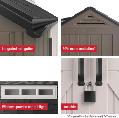 Rubbermaid Resin Outdoor Storage Shed With Floor (7 x 7 Ft) Weather Resistant Gray Organization for Home/Backyard/Garden Tools/Lawn Mower/Bike Storage/Pool Supplies
