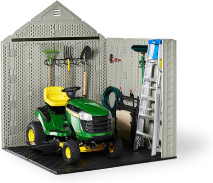 Rubbermaid Resin Outdoor Storage Shed With Floor (7 x 7 Ft) Weather Resistant Gray Organization for Home/Backyard/Garden Tools/Lawn Mower/Bike Storage/Pool Supplies